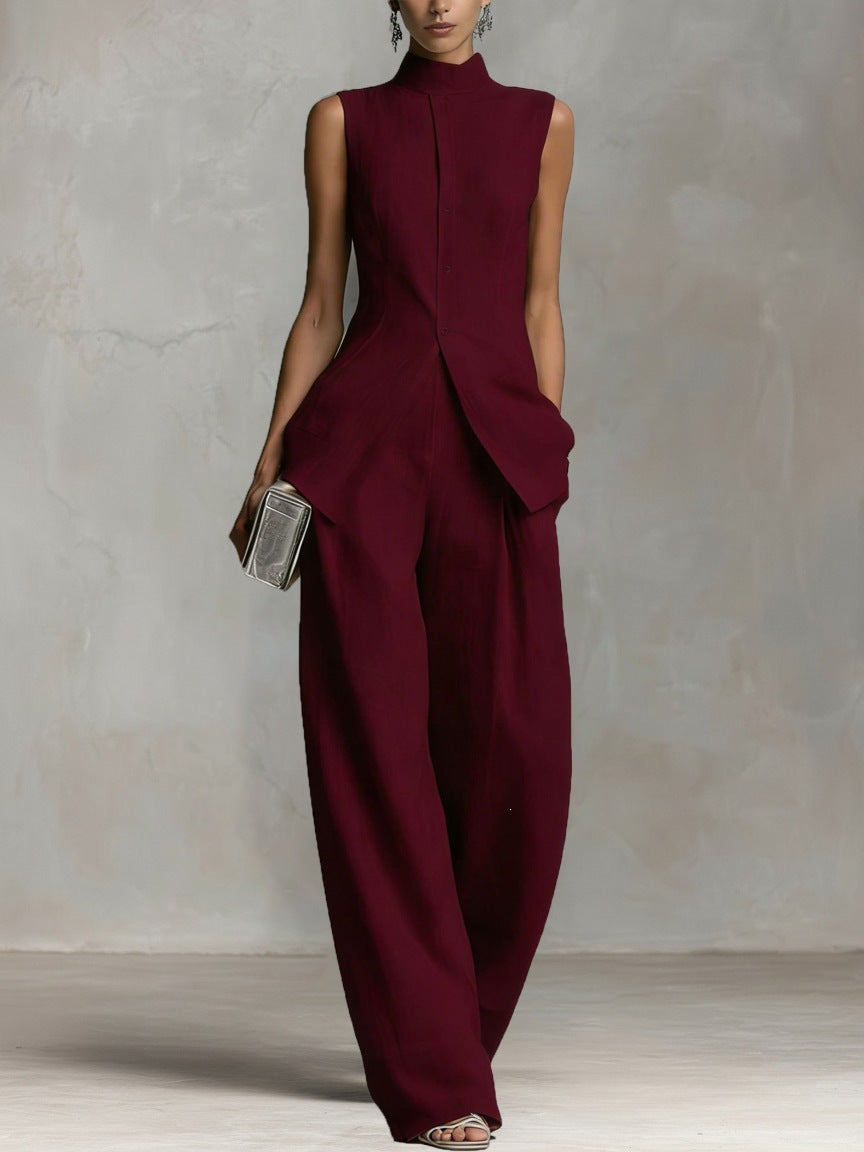 Damen Eleganter suit mit hochgeschlossenem Kragen und weitem Bein Echoarchiv