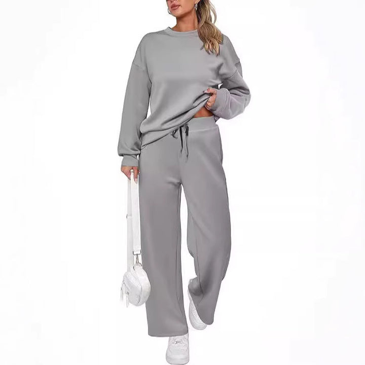 Damen zweiteiliges French-Terry Lounge-Set mit oversized Rundhals-Pullover und weitem Highwaist-Jogger – Avérine
