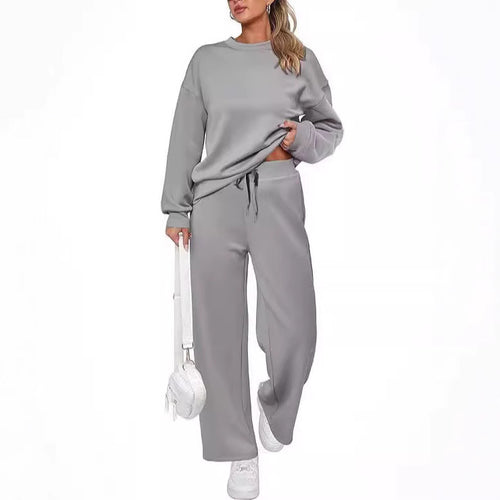 Damen zweiteiliges French-Terry Lounge-Set mit oversized Rundhals-Pullover und weitem Highwaist-Jogger – Avérine