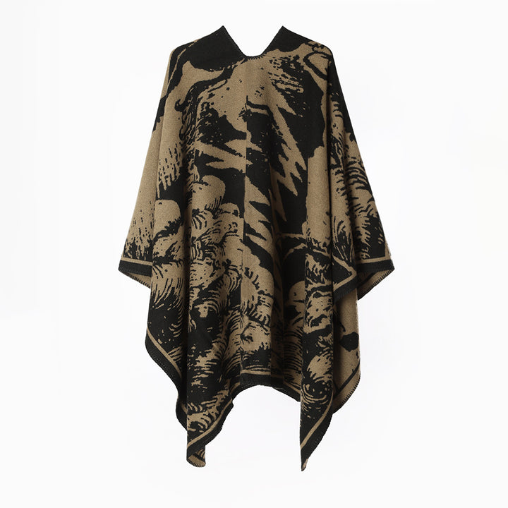 Damen Oversize‑Jacquard‑Cape mit abstraktem Naturmotiv und Kettelkante – Montévia