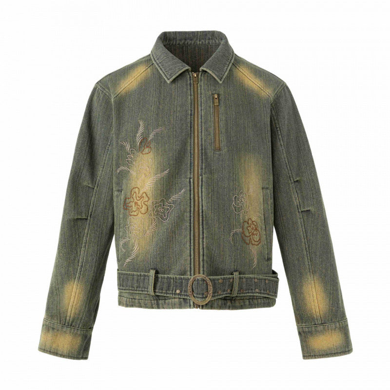 Unisex Kurz geschnittene Denimjacke mit Stickerei, Taillengürtel und Frontreißverschluss Echo Archiv