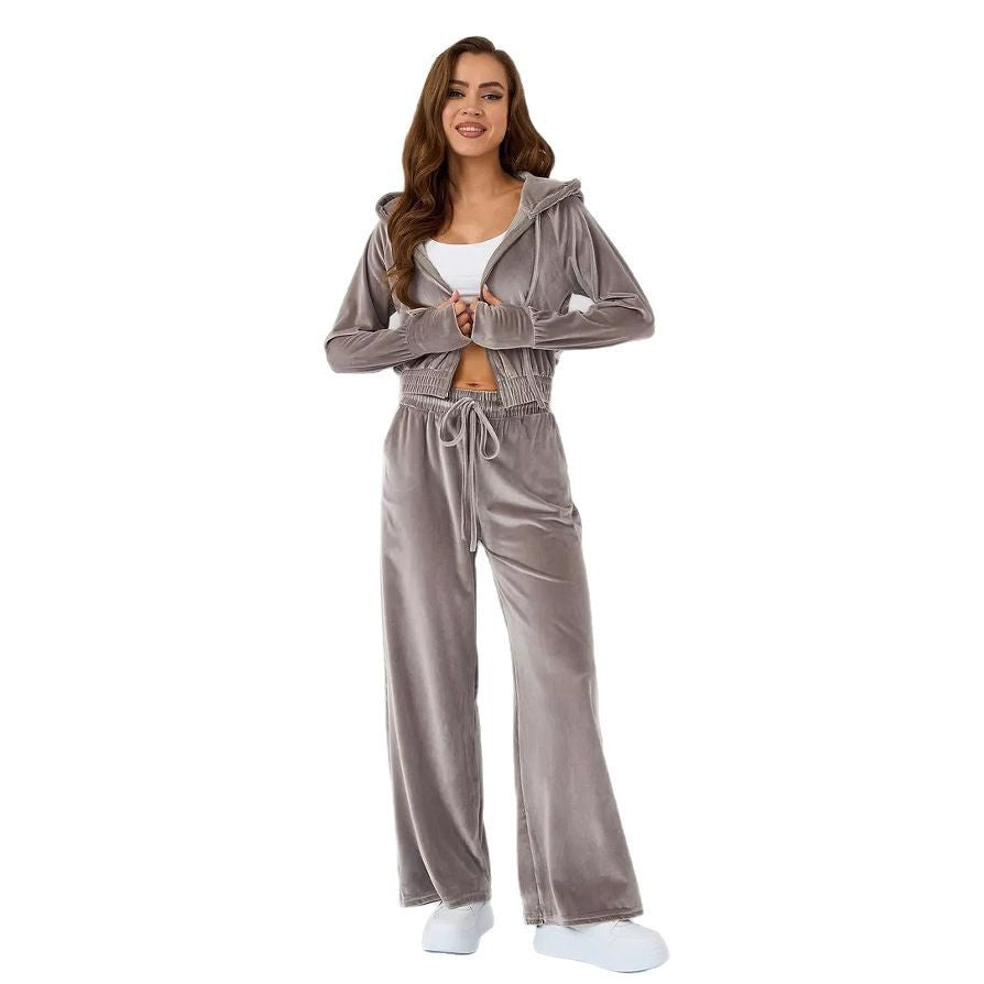 Damen luxuriöses Velours-Lounge-Set mit kurzem Reißverschluss-Hoodie und weitem Comfort-Hose – Auréline