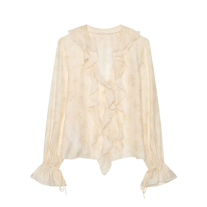 Damen Leichte Chiffonbluse mit Volantkragen V‑Ausschnitt und gerafften Manschetten Echo Archiv