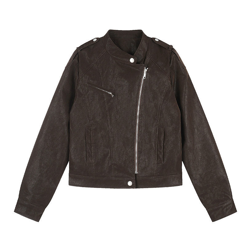 Damen Kurz geschnittene Bikerjacke aus Kunstleder mit asymmetrischem Reißverschluss Echoarchiv