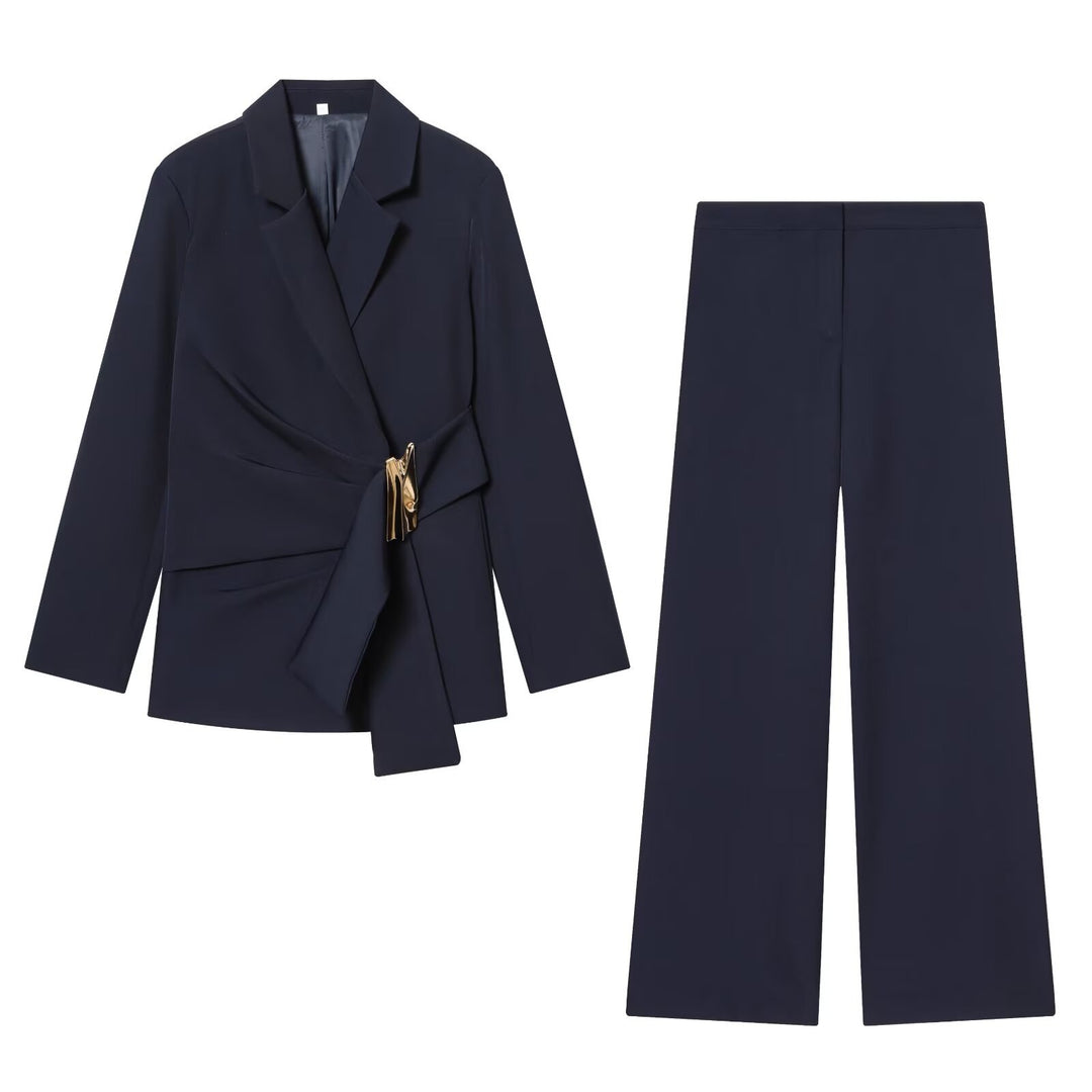 Damen Zweiteiliges Wickelblazer- und Palazzo-Anzugset mit Ziergürtel Echo Archiv