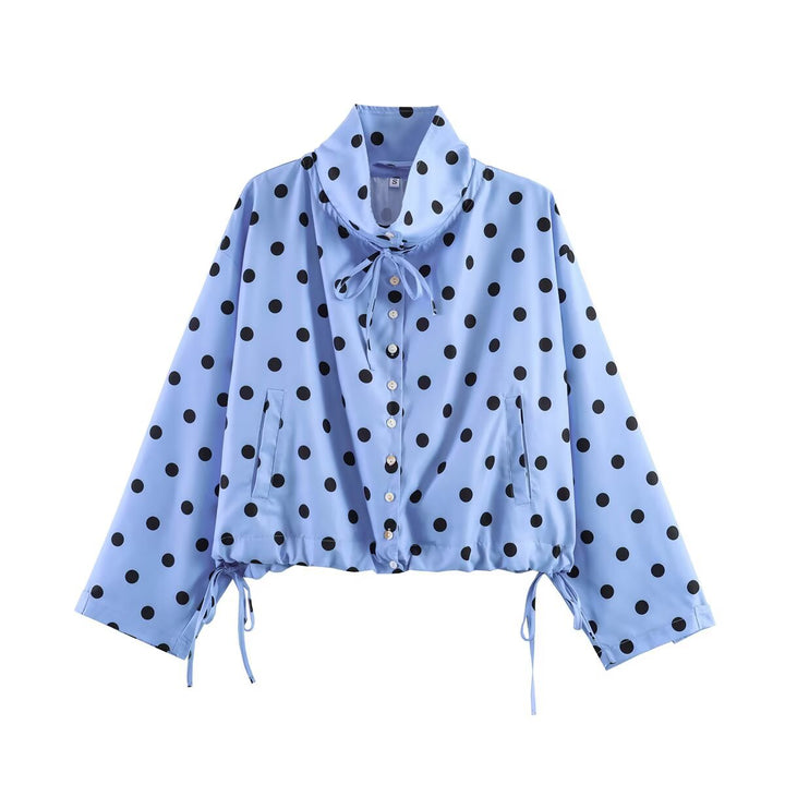 Damen Gepunktete Cropped Bluse‑Jacke mit hohem Tunnelzugkragen und Kordelbund Echo Archiv