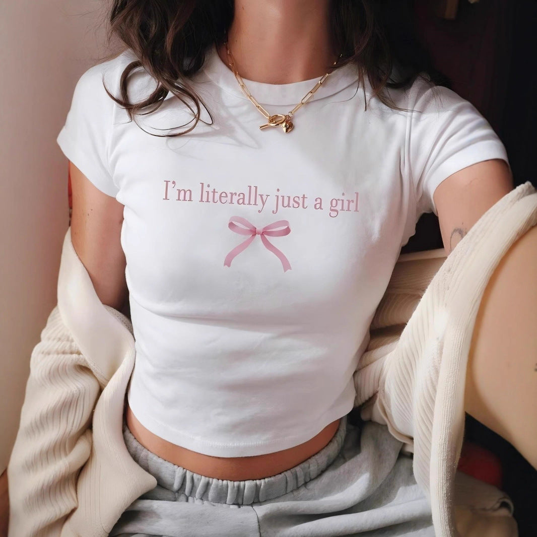 Damen Crop-T-Shirt mit kreativem Schriftzug und Schleifendetail Echo Archiv