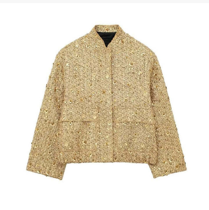 Damen nan strukturierte Boucléjacke mit Stehkragen, aufgesetzten Taschen und elastischem Saum Echo Archiv