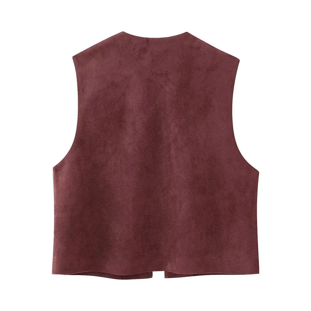 Damen bestickte Wildlederweste mit offenem Schnitt, floraler Applikation und taillierter Silhouette – Célinea