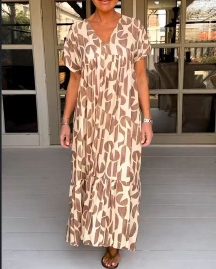 Damen nan voluminöses Maxikleid mit Unterbrustnaht, V-Ausschnitt, kurzen Kimonoärmeln und Stufenvolant Echo Archiv