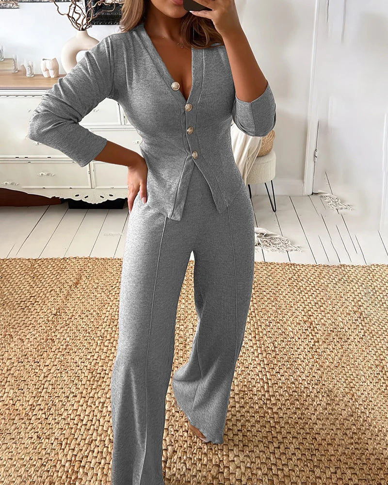 Damen Feines Strick-Set mit tailliertem Knopf-Cardigan und weitem Palazzo-Hose – Veloura
