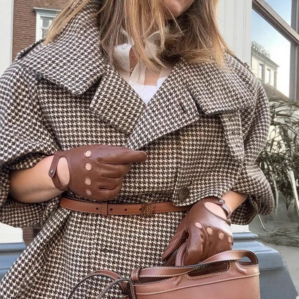 Damen Oversize-Trenchcoat mit Hahnentritt-Muster, hohem Stehkragen und Schulterklappen Echo Archiv