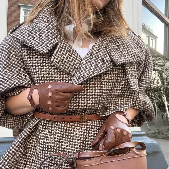 Damen Oversize-Trenchcoat mit Hahnentritt-Muster, hohem Stehkragen und Schulterklappen Echo Archiv