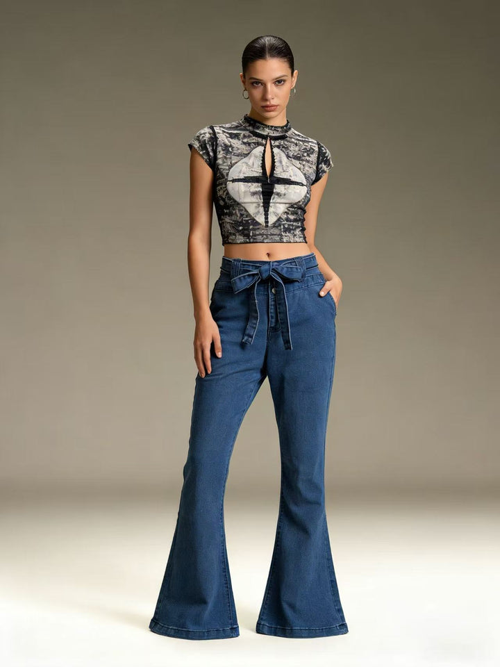 Damen nan High‑Waist Denimhose mit Schleifenbund, hoher Taille und weitem Schlag Echo Archiv