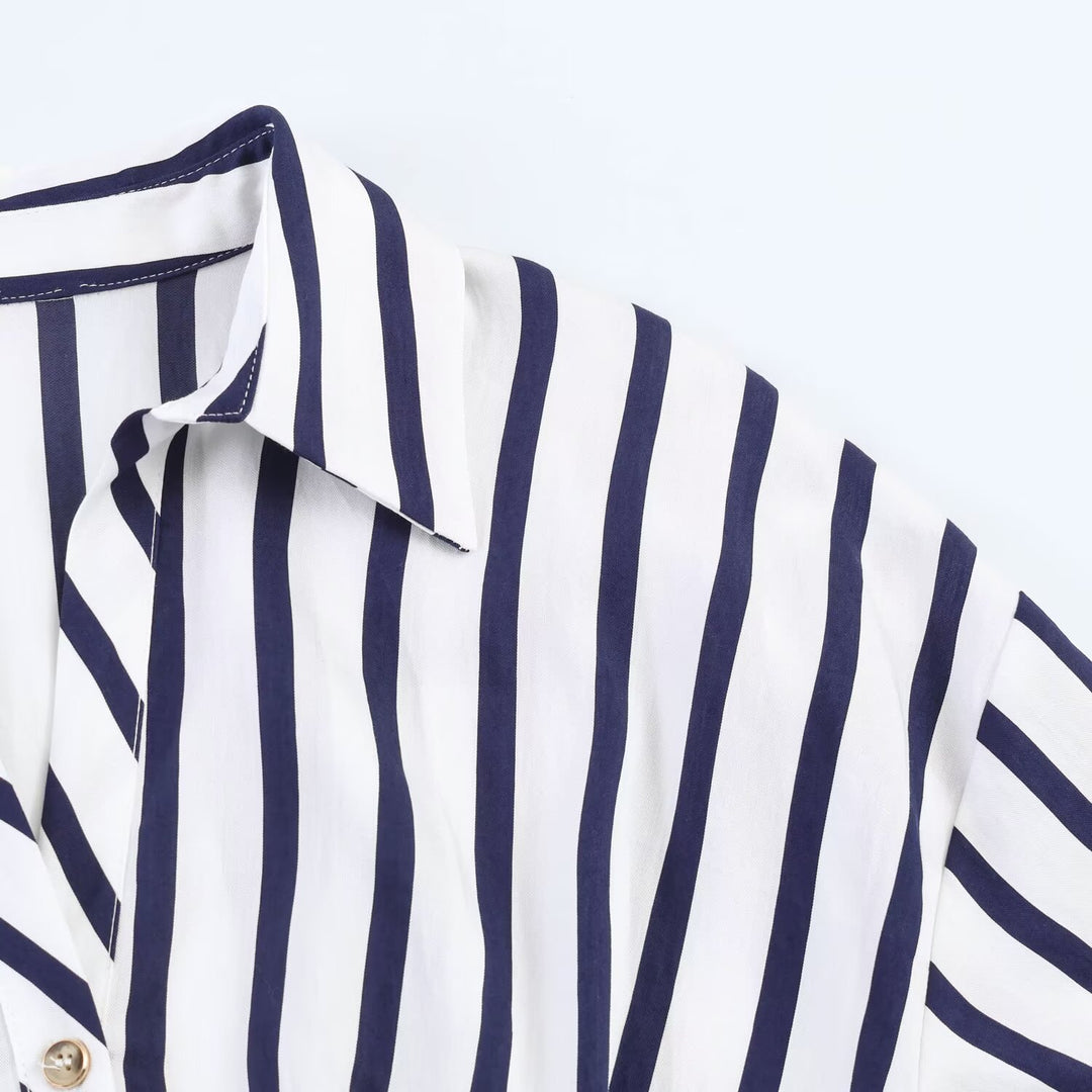 Damen Midi-Hemdblusenkleid mit diagonalen Streifen, tailliertem Bindegürtel und Ballonärmeln Echo Archiv