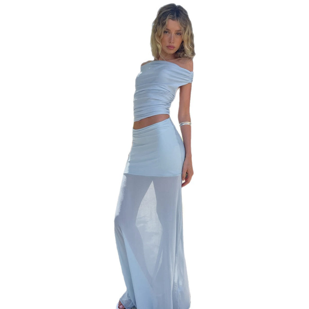 Damen Elegantes Offshoulder Maxi-Set mit transparentem Rock und gerafftem Oberteil Echo Archiv