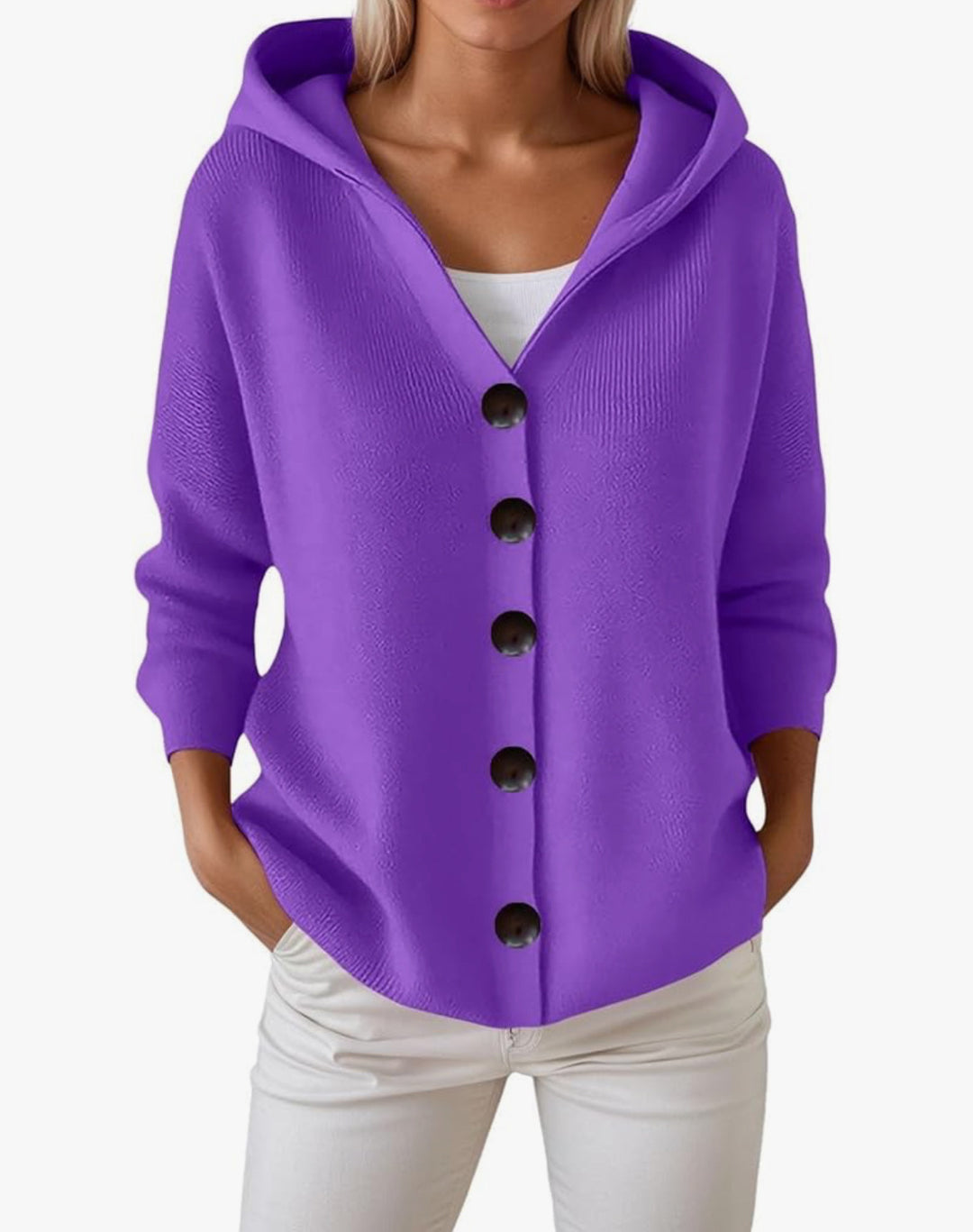 Damen Kapuzen-Strickjacke mit großen Holzknöpfen und seitlichen Eingrifftaschen – Veloura