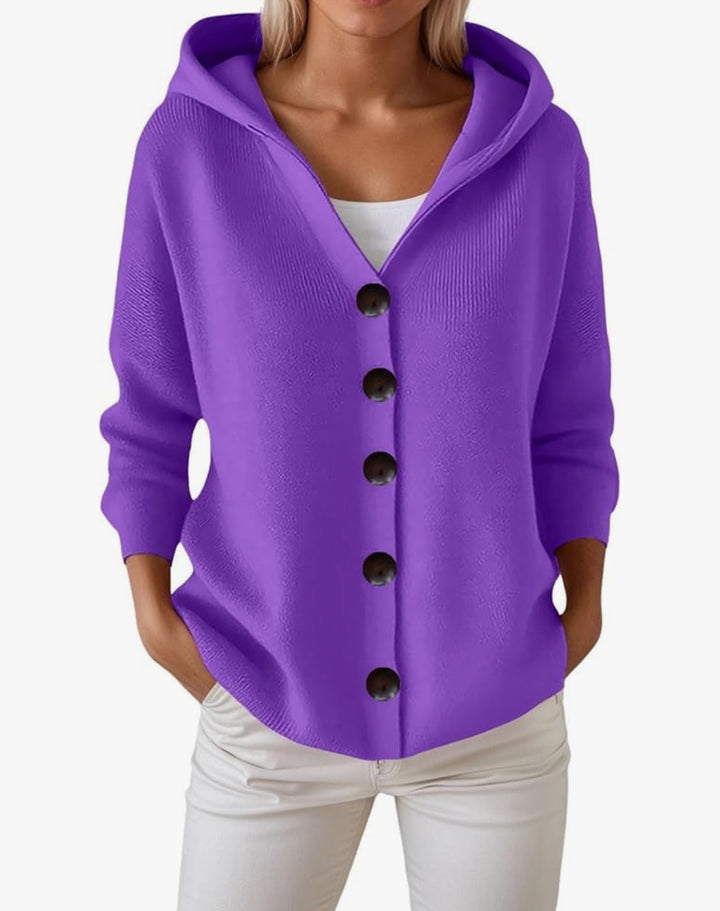Damen Kapuzen-Strickjacke mit großen Holzknöpfen und seitlichen Eingrifftaschen – Veloura