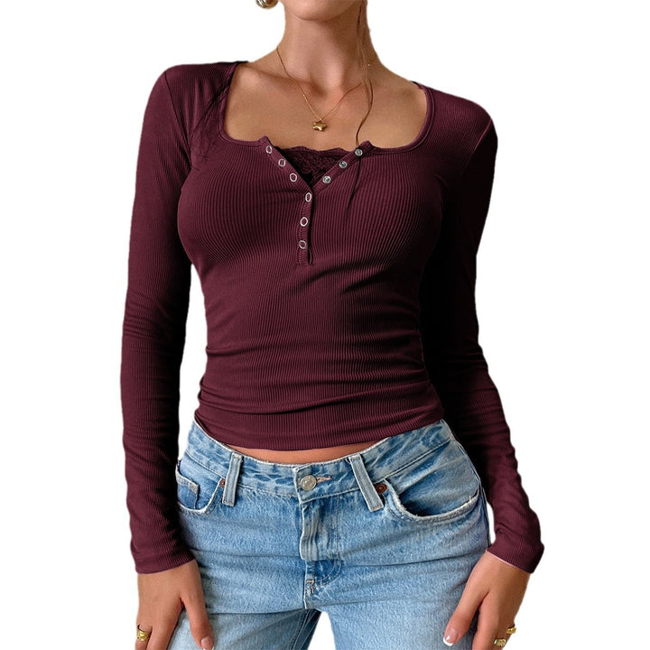 Damen nan geripptes Henley-Longsleeve mit Spitzen-Cami-Einsatz und taillierter Passform Echo Archiv