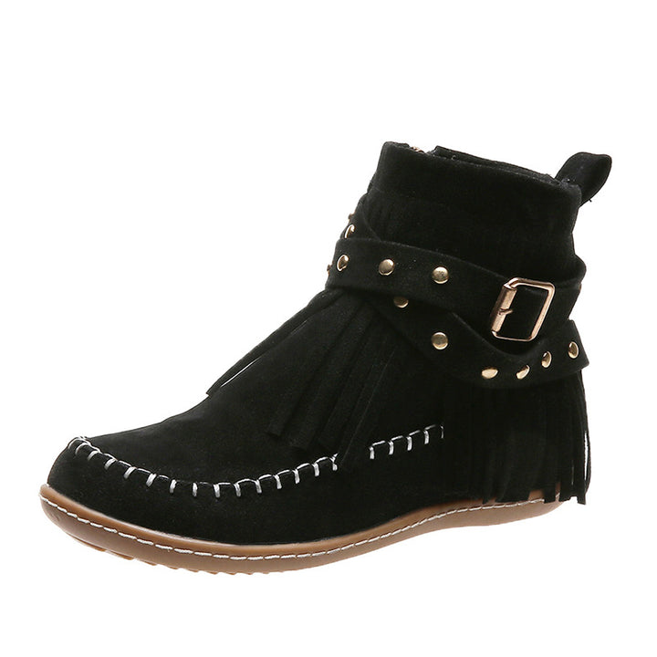 Damen Mokassin-Shortboots mit Fransen, Ziergürtel und handgenähter Mokassinnaht – Varelle