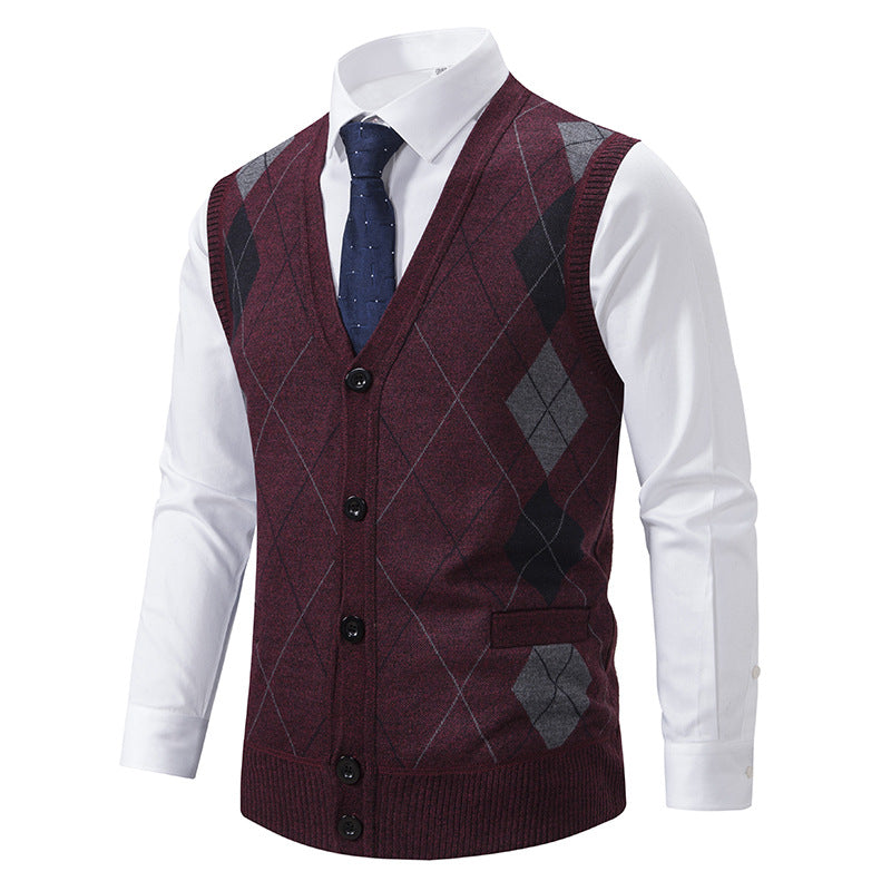 Herren nan ärmellose Strickweste mit Argyle-Muster, Teddyfutter und durchgehender Knopfleiste Echo Archiv