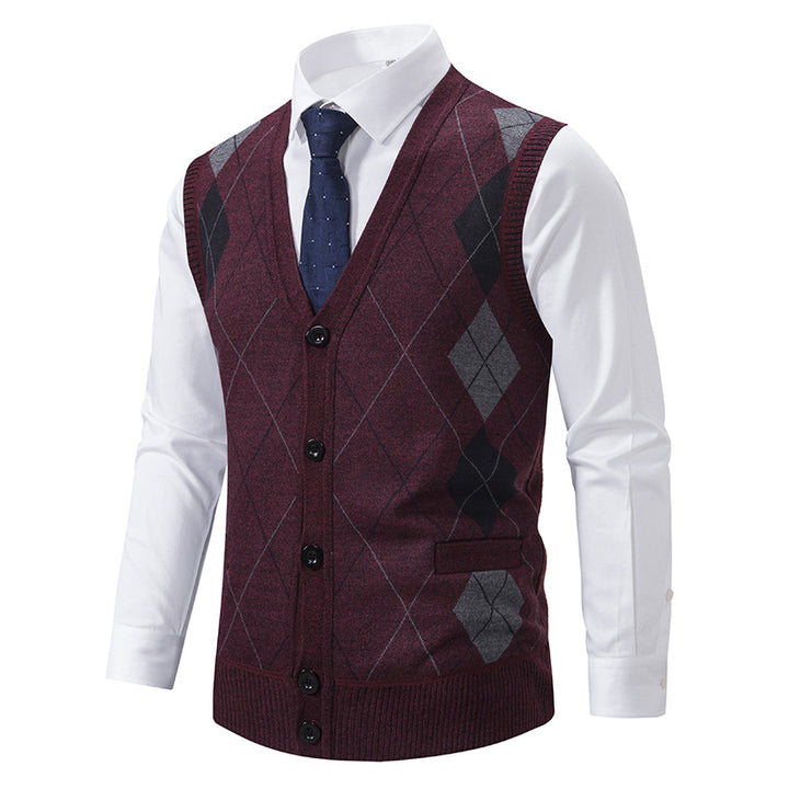 Herren nan ärmellose Strickweste mit Argyle-Muster, Teddyfutter und durchgehender Knopfleiste Echo Archiv