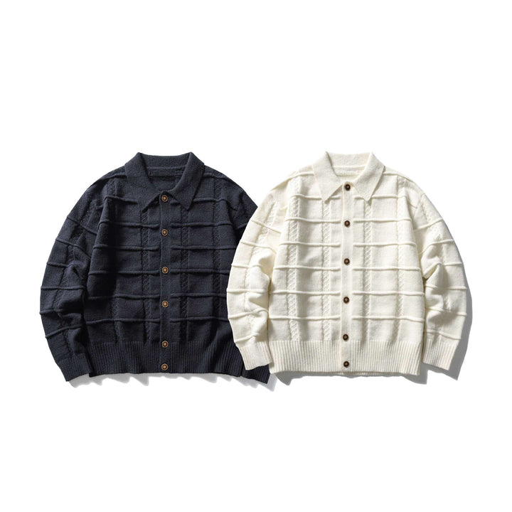 Herren strukturierte Strickjacke mit Hemdkragen und durchgehender Knopfleiste Echoarchiv
