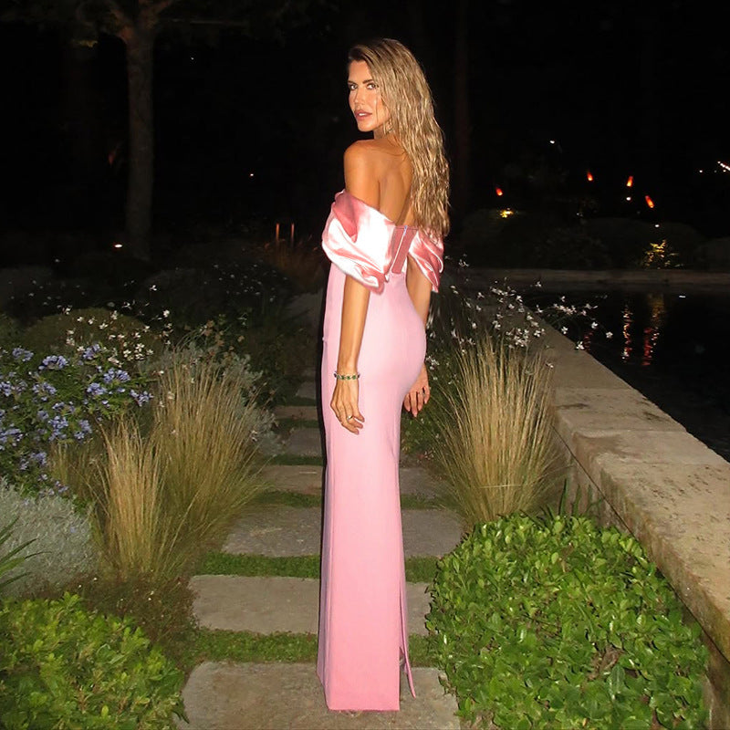 Damen schulterfreies Maxikleid mit elegantem Wickeldetail und voluminösen Puffärmeln Echo Archiv