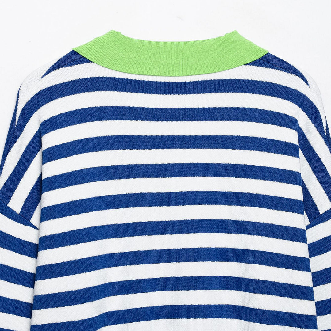 Damen Gestreifter Cropped‑Polo‑Pullover aus Feinstrick mit Ballonärmeln Echoarchiv
