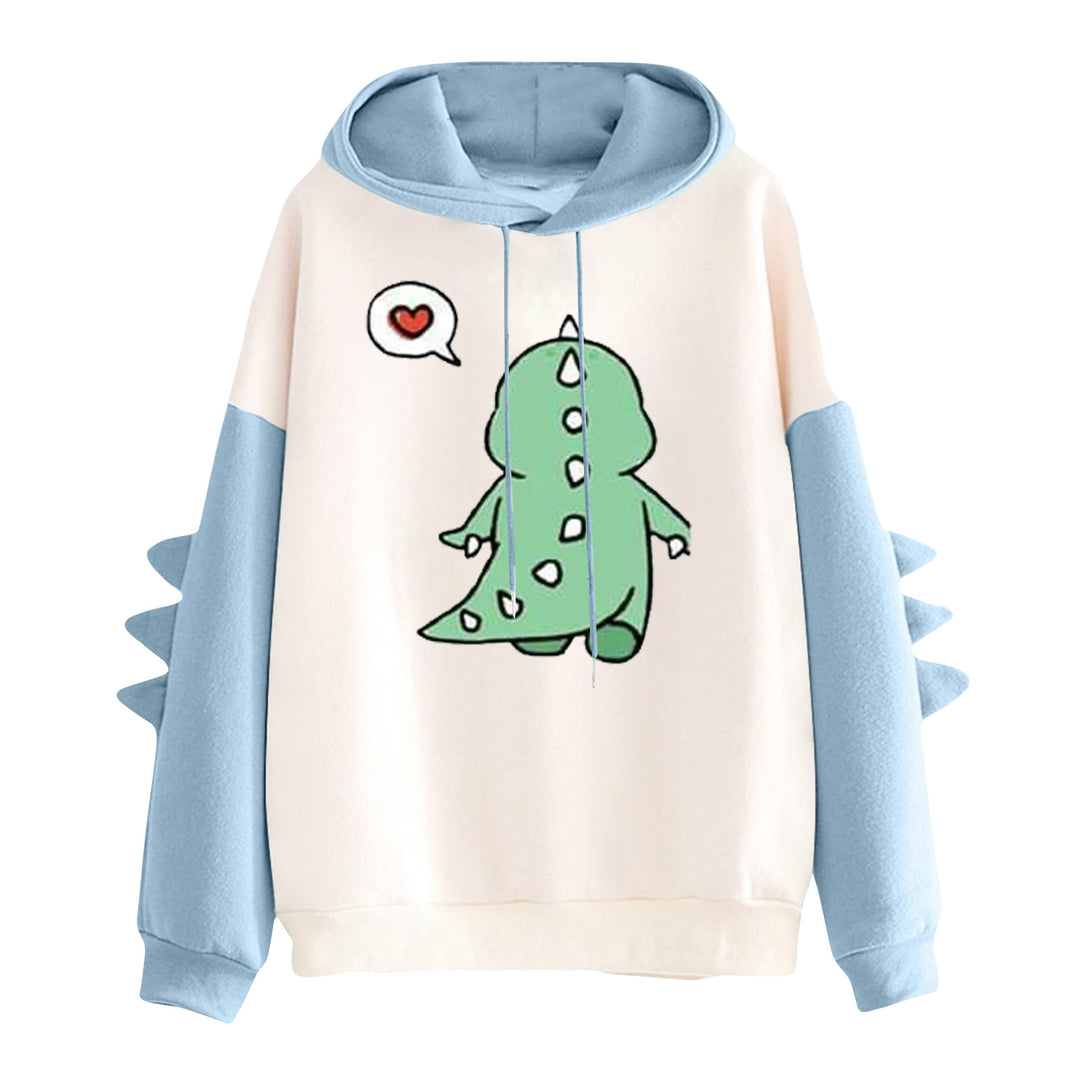 Damen Kapuzenpullover mit niedlichem Dino-Print, kontrastkapuze und dekorativen Stoffstacheln – Auréline