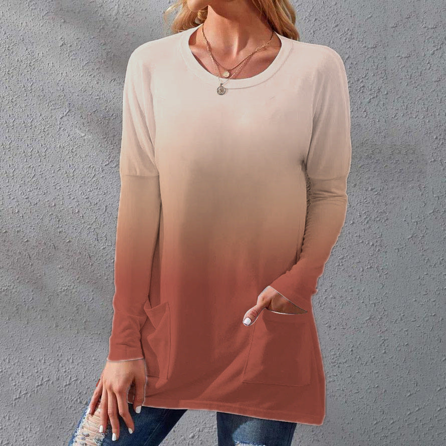 Damen Lange Ombre Tunika Bluse mit Rundhalsausschnitt und Eingrifftaschen – Élovi