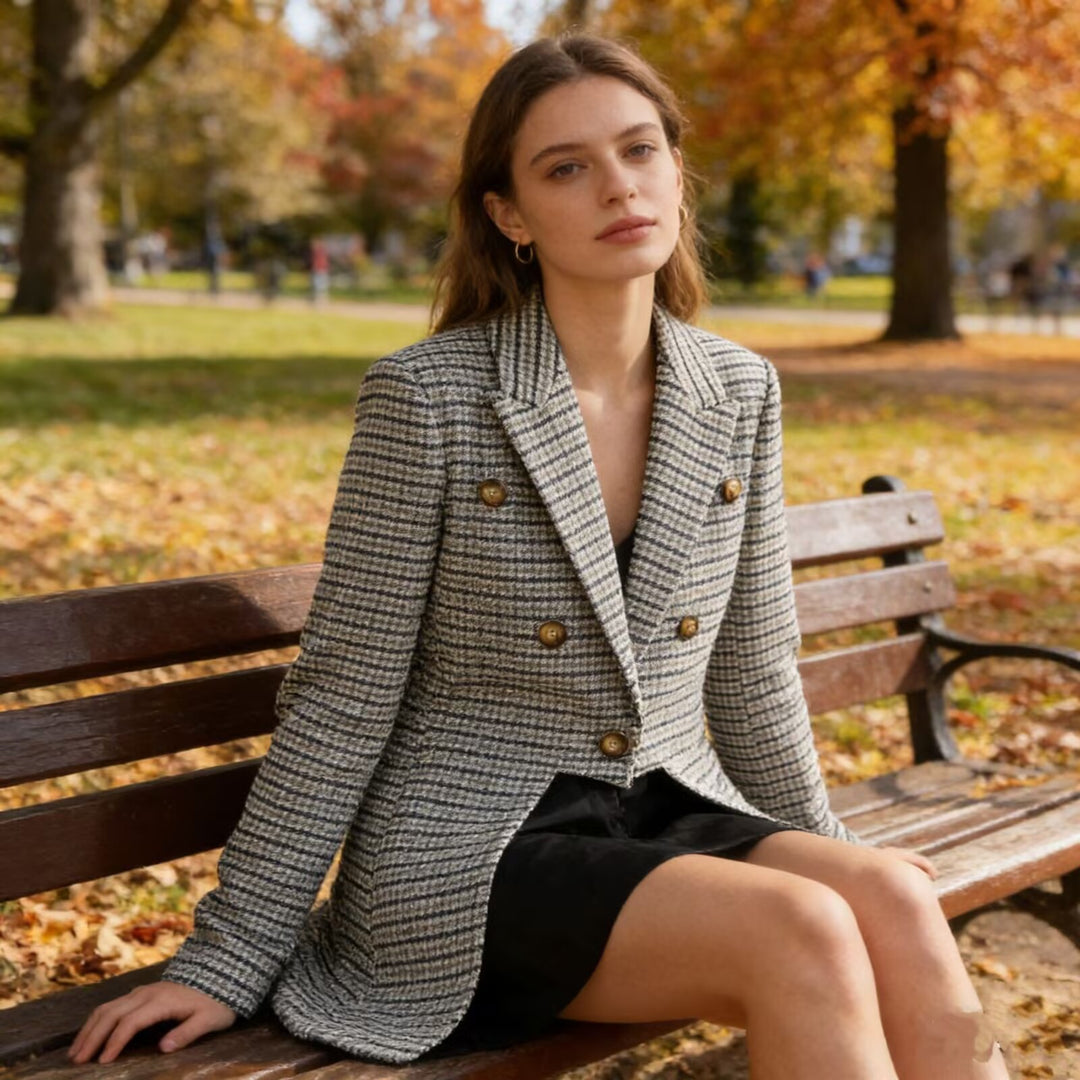 Damen Doppelreihiger Cropped-Blazer im Glencheck mit Rückenschlitz Echoarchiv