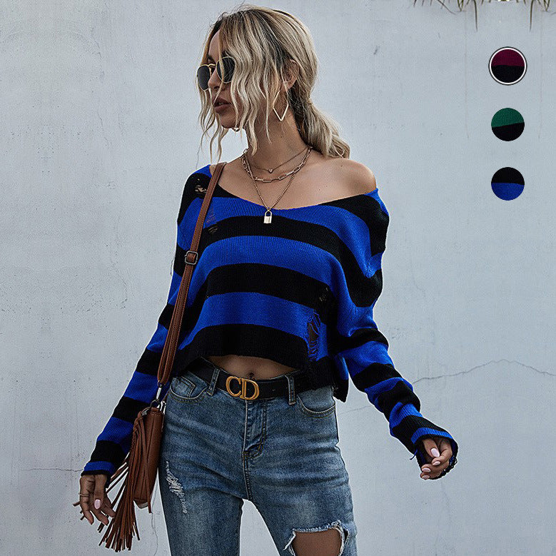 Damen Lässiger Crop-Pullover mit Streifen und Destroyed-Details Echo Archiv