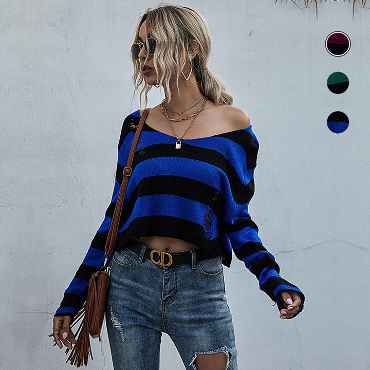 Damen Lässiger Crop-Pullover mit Streifen und Destroyed-Details Echo Archiv
