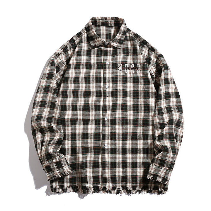 Unisex Overshirt im Karo-Look mit fransigem Saum, Bruststickerei und Knopfleiste Echo Archiv