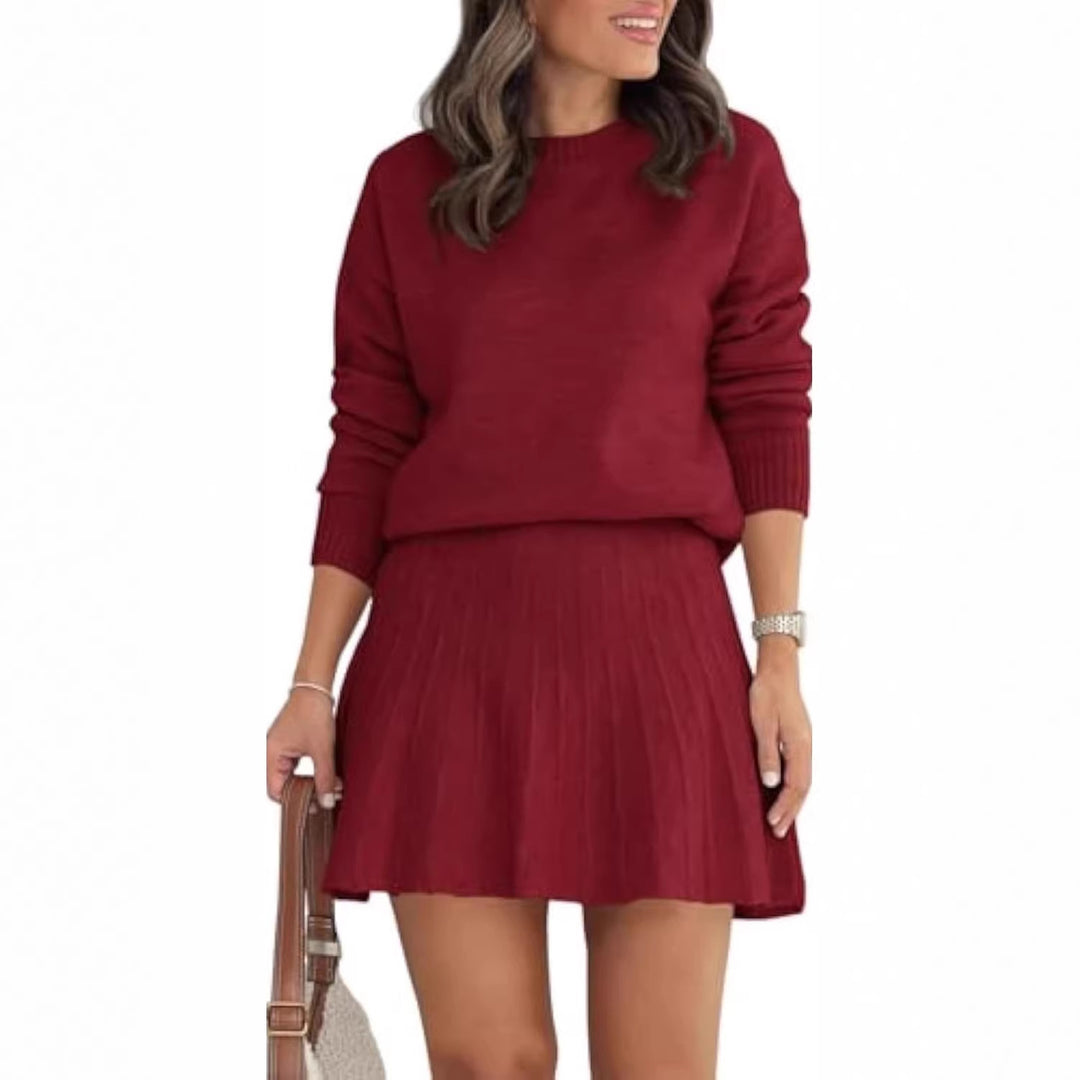 Damen Zweiteiliges Strick-Set mit Rundhals-Pullover und Plissée-Minirock – Élanora