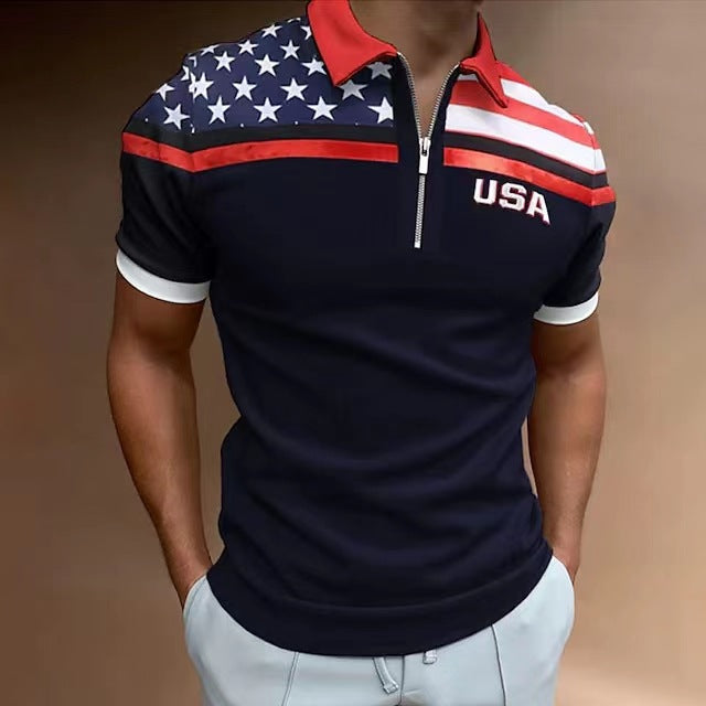 Herren Zip-Up Performance Polo-Shirt mit amerikanischer Flaggen-Applikation Echoarchiv