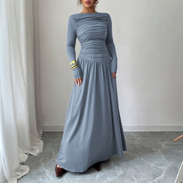 Damen Maxikleid mit gerafftem Oberteil, tailliertem Bund und Langarm Echoarchiv