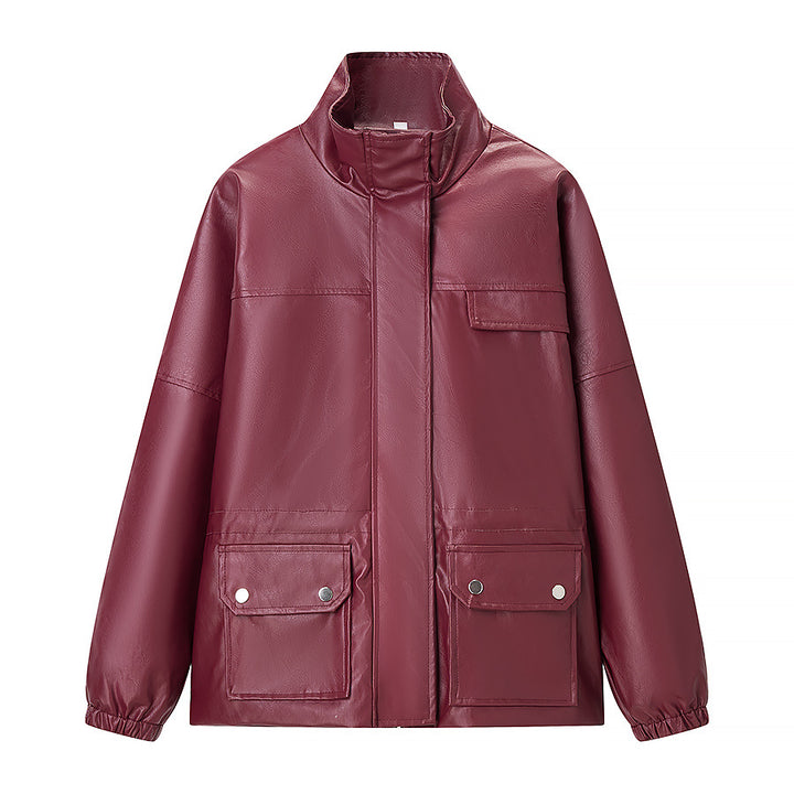 Damen Wasserabweisende Kunstleder-Utility-Jacke mit Stehkragen und aufgesetzten Pattentaschen Echo Archiv