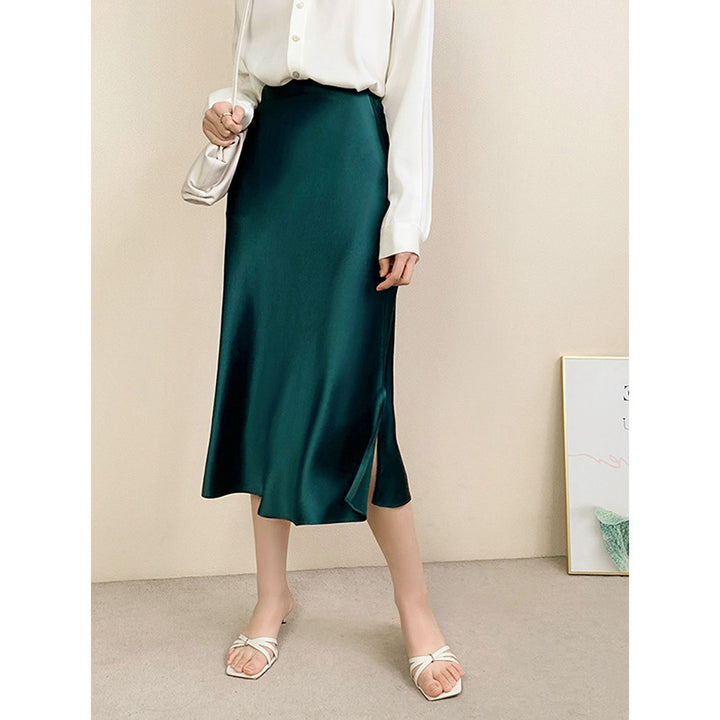 Damen Luxuriöser Satin Midirock mit hohem Schlitz Echoarchiv