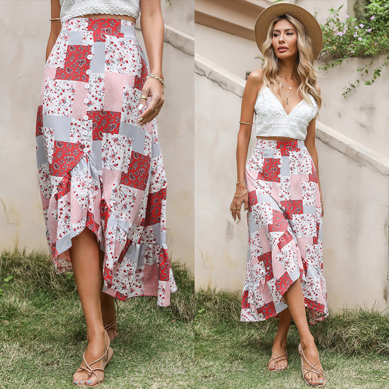 Damen Patchwork-Midirock mit Knopfleiste und asymmetrischem Volant – Rosévia