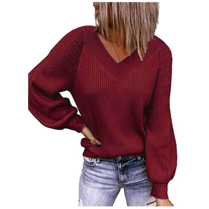 Damen Gerippter V‑Ausschnitt Pullover mit Ballonärmeln und lässiger Passform Echoarchiv