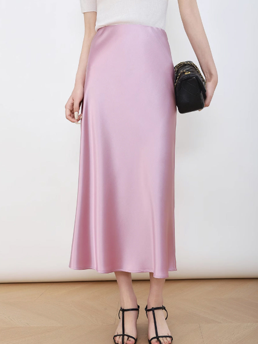 Damen Eleganter Hochtaillierter Satin-Midirock Echoarchiv