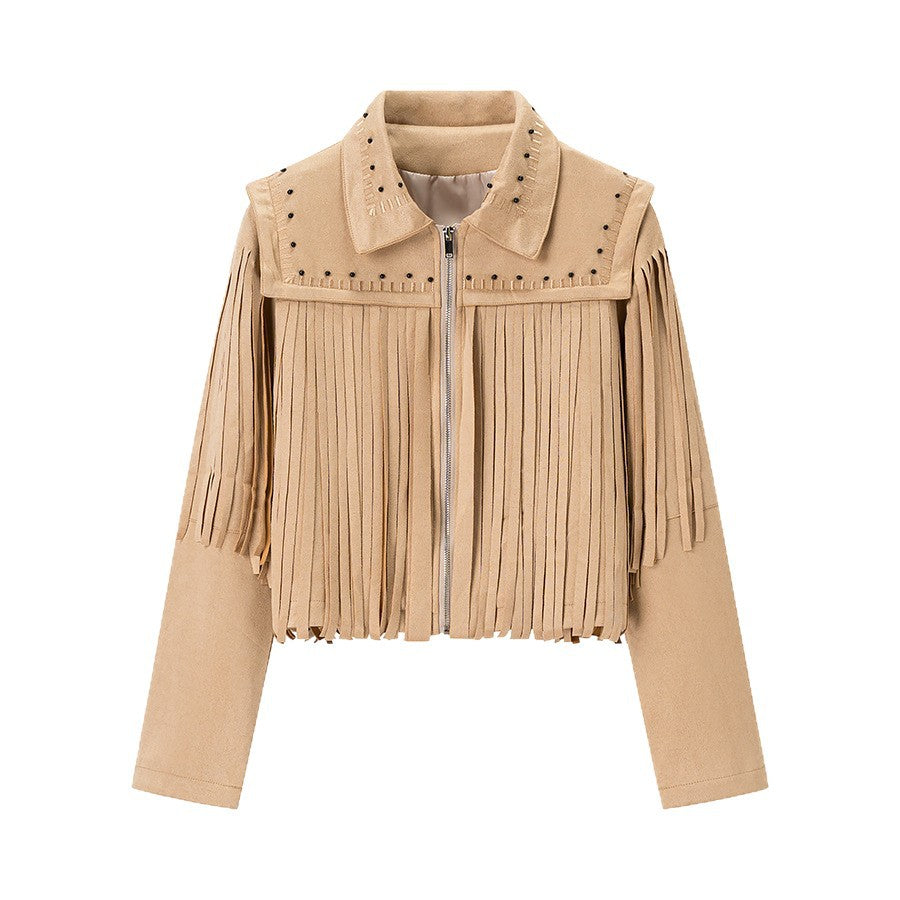 Damen Kurze Fransenjacke aus Wildlederoptik mit Reißverschluss und Nietenbesatz Echo Archiv