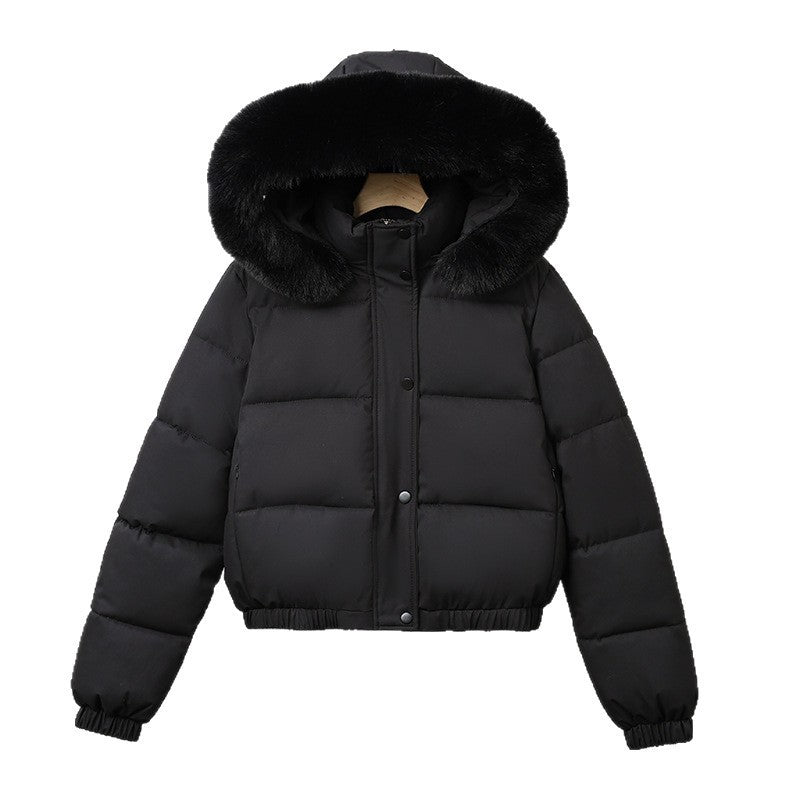 Damen kurz geschnittener Thermo-Blouson mit voluminöser Kapuzenblende und elastischem Saum – Célinea