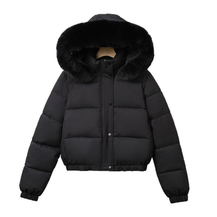 Damen kurz geschnittener Thermo-Blouson mit voluminöser Kapuzenblende und elastischem Saum – Célinea