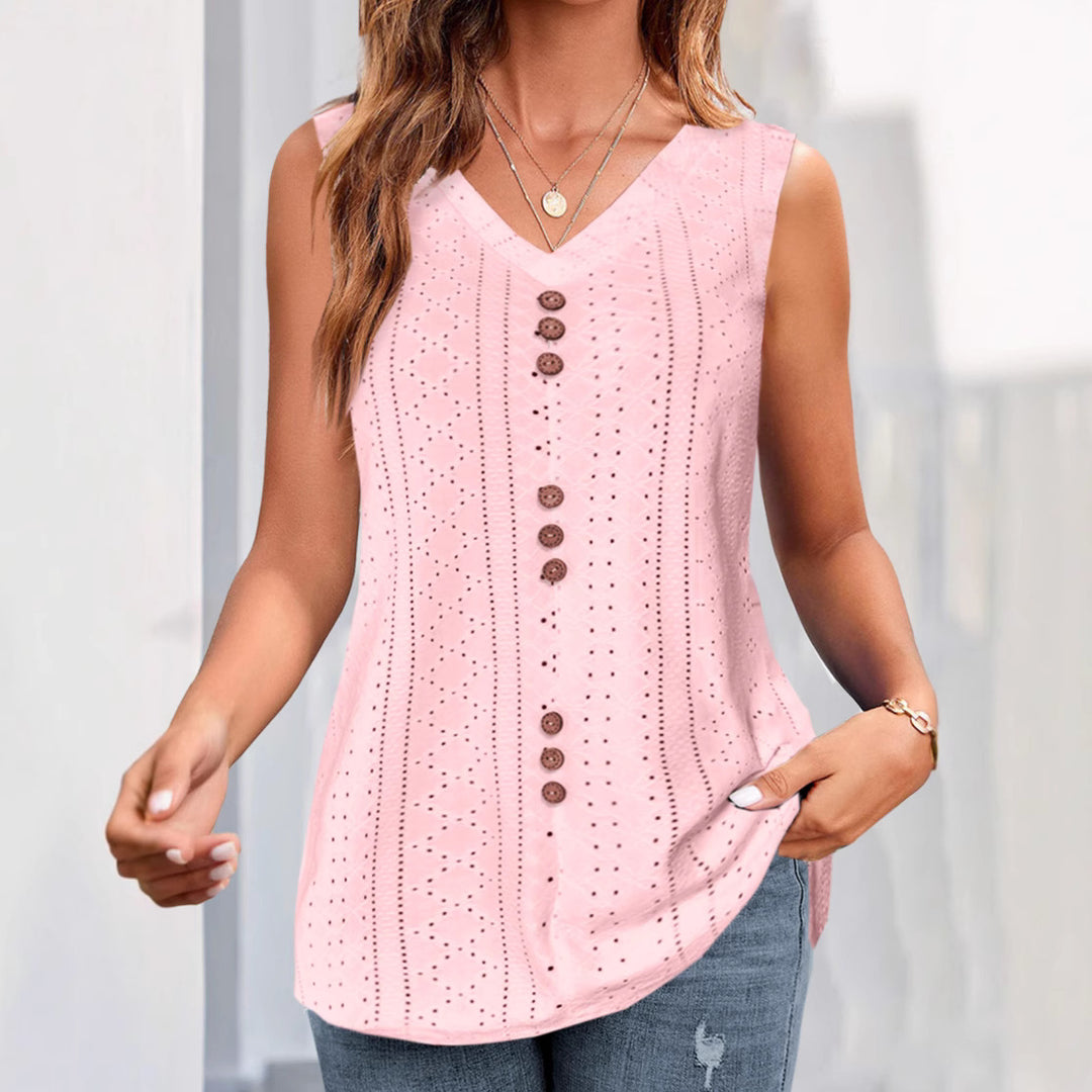 Damen nan ärmelloses Broderie-Anglaise-Top mit V-Ausschnitt und dekorativer Zierknopfleiste Echo Archiv
