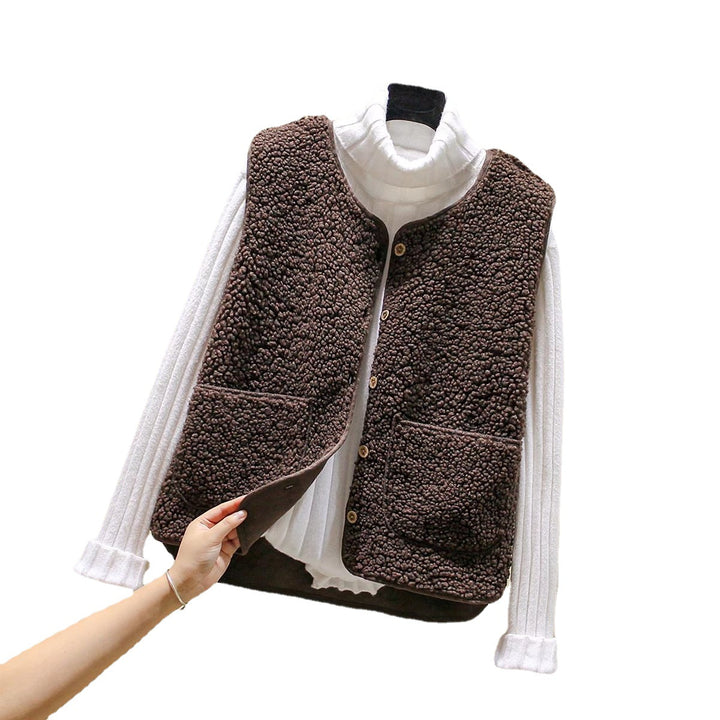 Damen Teddy-Fleece Weste mit Knopfleiste und Aufgesetzten Taschen – Avérine