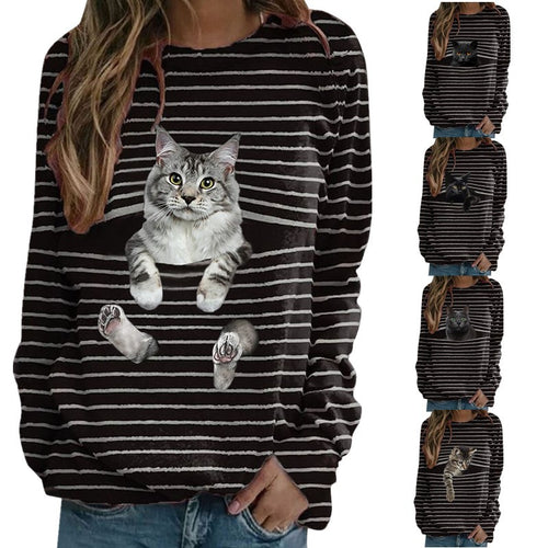 Damen nan lässiger Streifenpullover mit fotorealistischer Katzentasche und Rundhalsausschnitt Echo Archiv