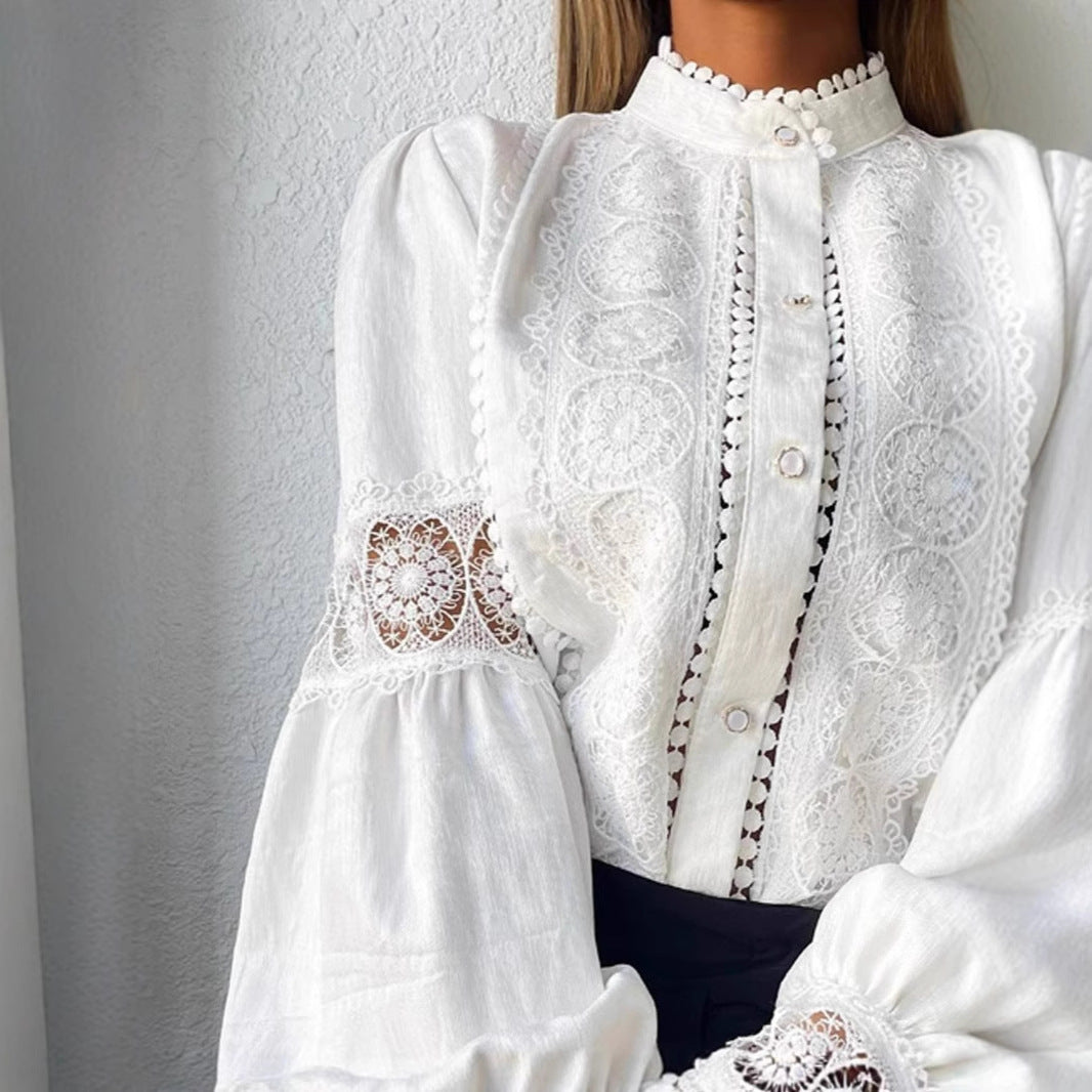 Damen Elegante Spitzenbluse im Vintage-Stil mit Stehkragen und Ballonärmeln Echo Archiv